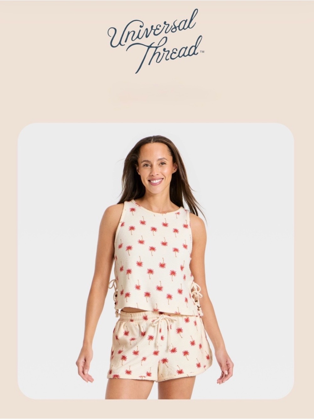 Universal Thread Cream Palm-Print Lounge Tank & Short Set with Red Accents